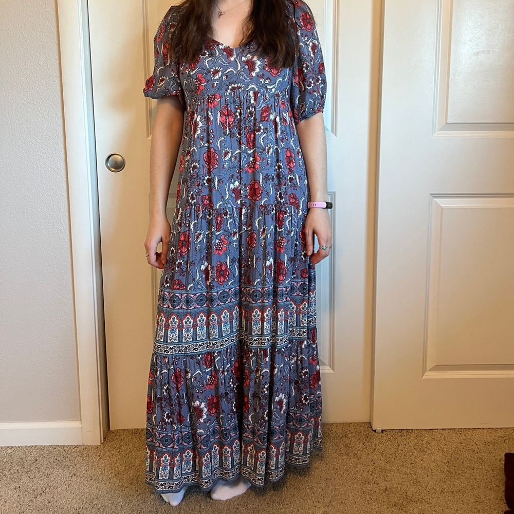 Boho Floral Tiered Maxi Dress in Blue and Red